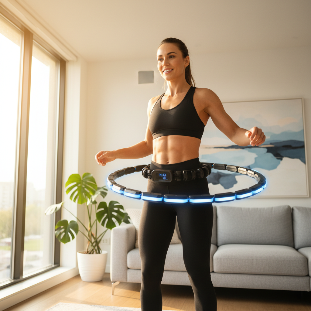 Woman using weighted hula hoop at home fitness workout